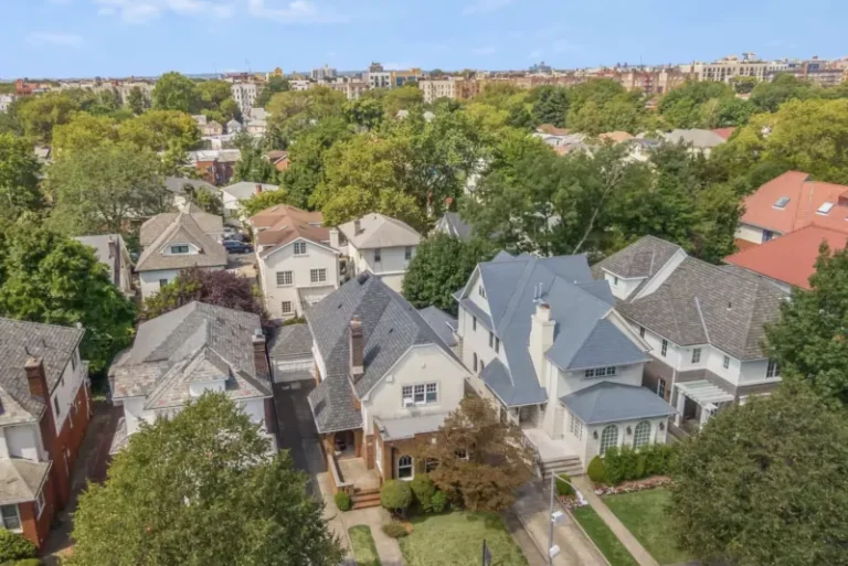 Aerial view of a tree-lined residential neighborhood with single-family homes